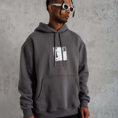 Ön Arka Baskılı Kapşonlu Sweat - Gri