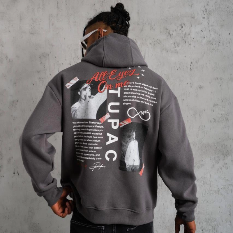 Ön Arka Baskılı Kapşonlu Sweat - Gri