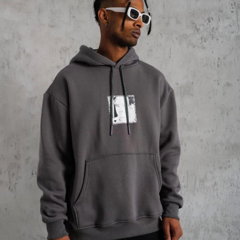 Ön Arka Baskılı Kapşonlu Sweat - Gri