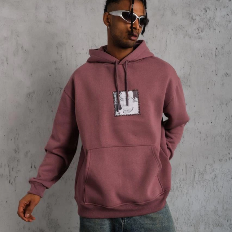 Ön Arka Baskılı Kapşonlu Sweat - Gül Kurusu