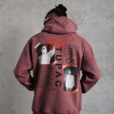 Ön Arka Baskılı Kapşonlu Sweat - Gül Kurusu