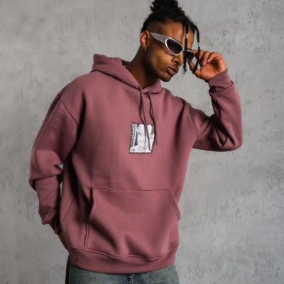 Ön Arka Baskılı Kapşonlu Sweat - Gül Kurusu