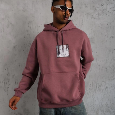 Ön Arka Baskılı Kapşonlu Sweat - Gül Kurusu