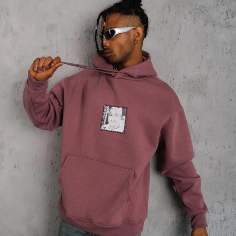 Ön Arka Baskılı Kapşonlu Sweat - Gül Kurusu