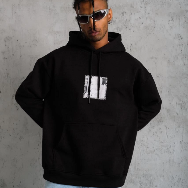 Ön Arka Baskılı Kapşonlu Sweat - Siyah -