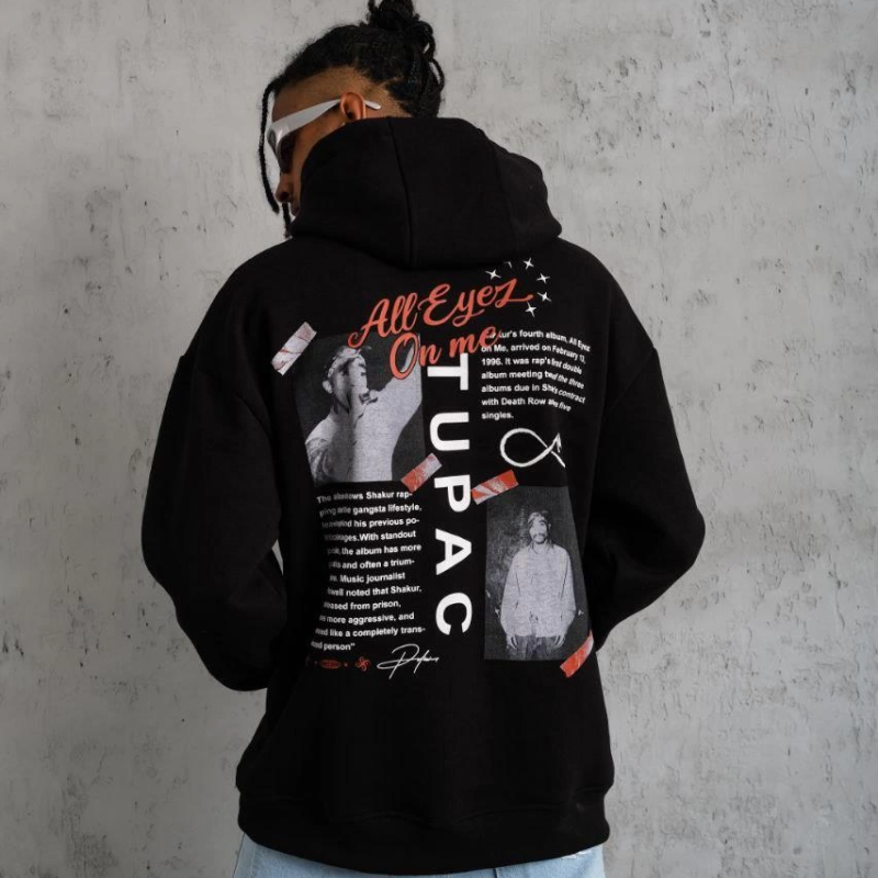 Ön Arka Baskılı Kapşonlu Sweat - Siyah -