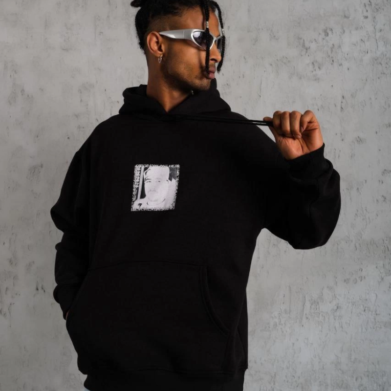 Ön Arka Baskılı Kapşonlu Sweat - Siyah -