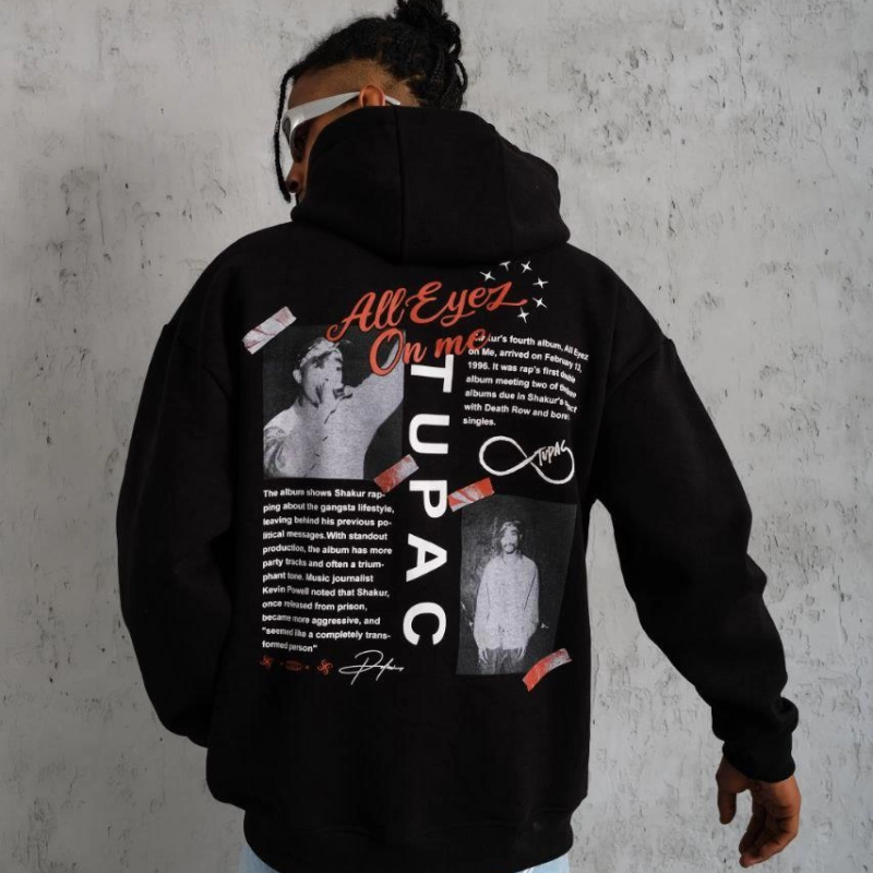 Ön Arka Baskılı Kapşonlu Sweat - Siyah -