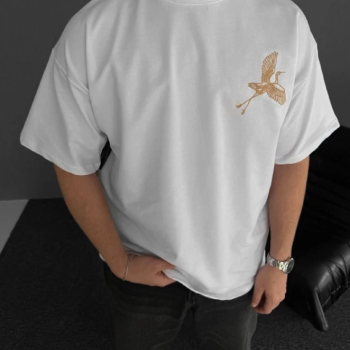 Ön ve Arka Baskılı Oversize Bisiklet Yaka T-shirt - Beyaz -