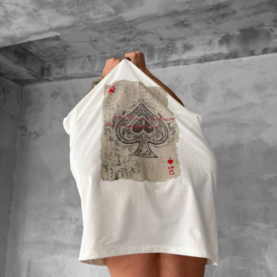 Ön ve Arka Baskılı Oversize Bisiklet Yaka T-shirt - Beyaz -