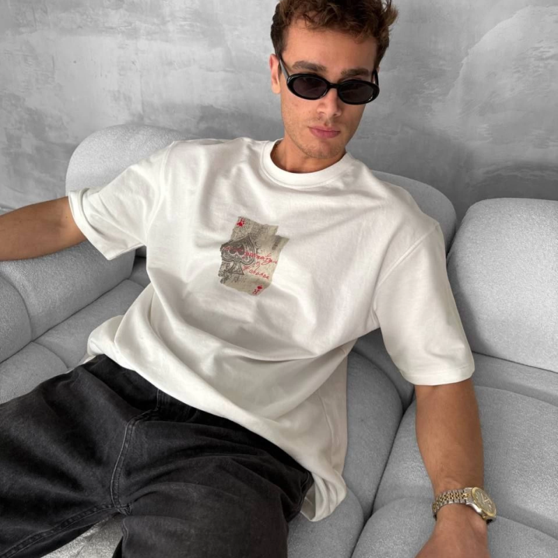 Ön ve Arka Baskılı Oversize Bisiklet Yaka T-shirt - Beyaz -