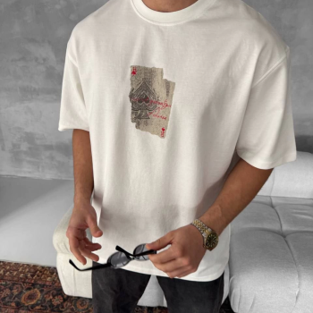 Ön ve Arka Baskılı Oversize Bisiklet Yaka T-shirt - Beyaz -