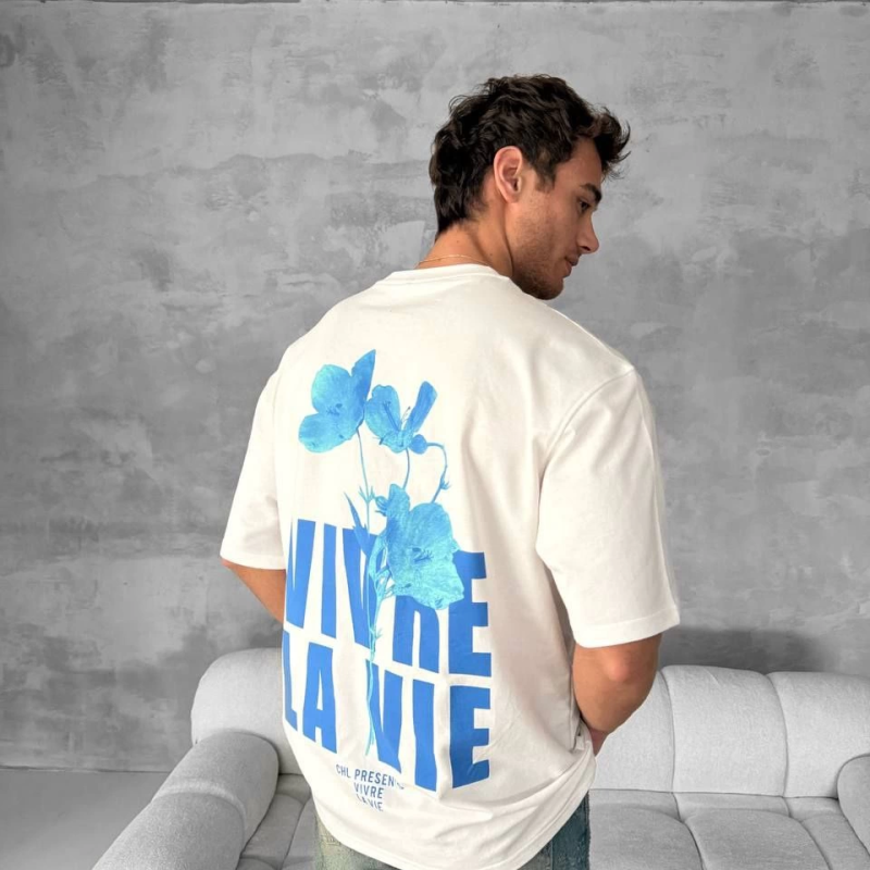 Ön ve Arka Baskılı Oversize Bisiklet Yaka T-shirt- Beyaz -