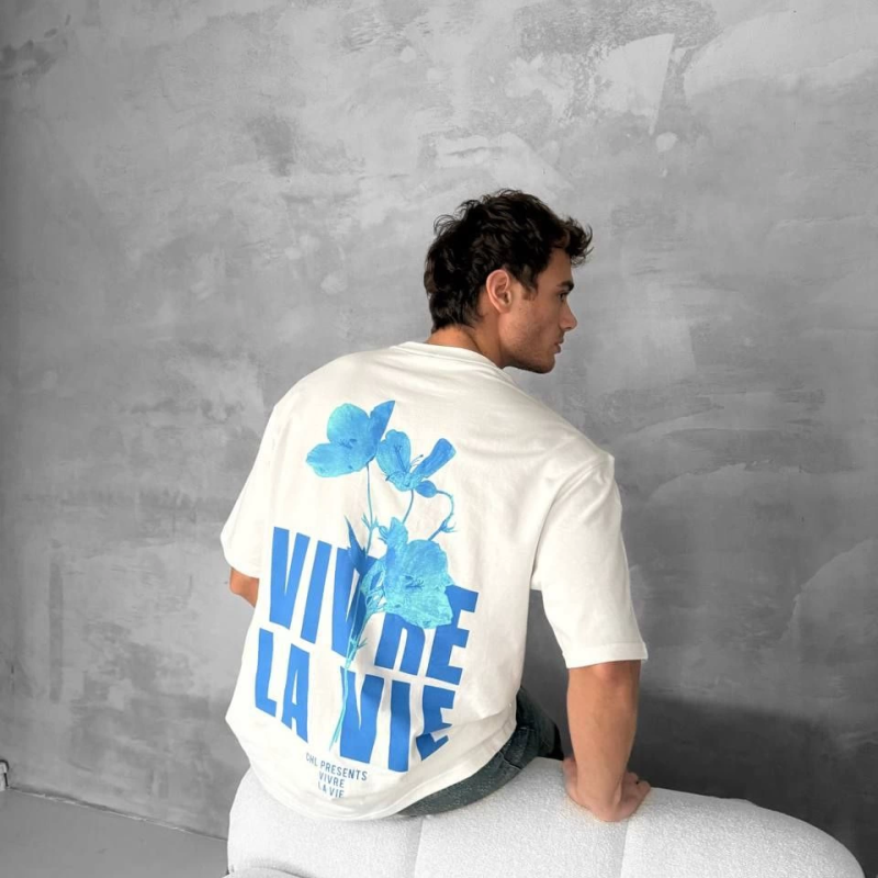 Ön ve Arka Baskılı Oversize Bisiklet Yaka T-shirt- Beyaz -