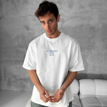 Ön ve Arka Baskılı Oversize Bisiklet Yaka T-shirt- Beyaz -