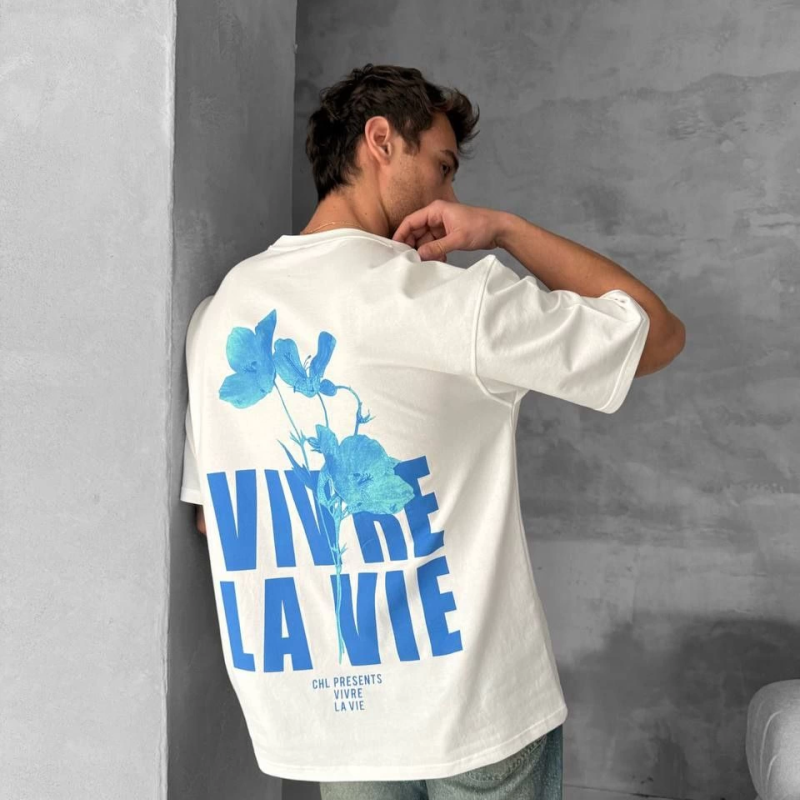 Ön ve Arka Baskılı Oversize Bisiklet Yaka T-shirt- Beyaz -