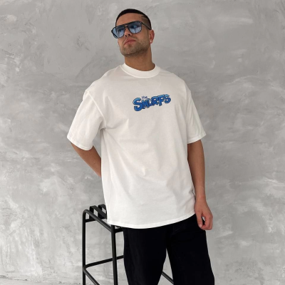 Ön ve Arka Baskılı Oversize Bisiklet Yaka T-shirt- Beyaz -