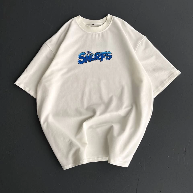 Ön ve Arka Baskılı Oversize Bisiklet Yaka T-shirt- Beyaz -