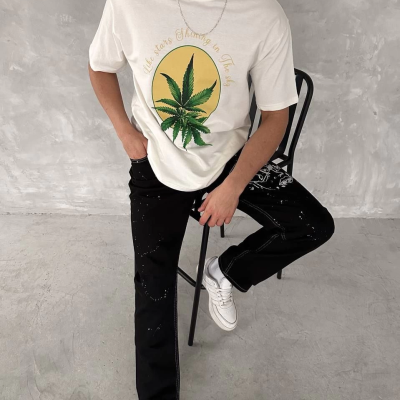 Ön ve Arka Baskılı Oversize Bisiklet Yaka T-shirt- Beyaz -