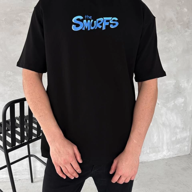 Ön ve Arka Baskılı Oversize Bisiklet Yaka T-shirt - Siyah -