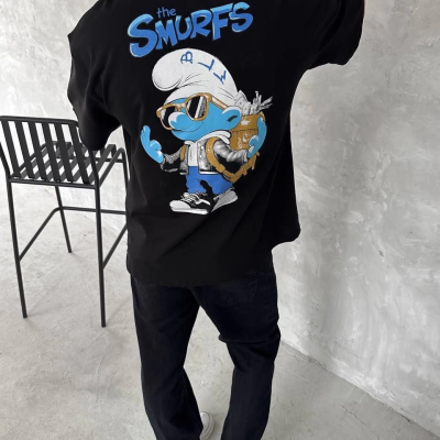 Ön ve Arka Baskılı Oversize Bisiklet Yaka T-shirt - Siyah -