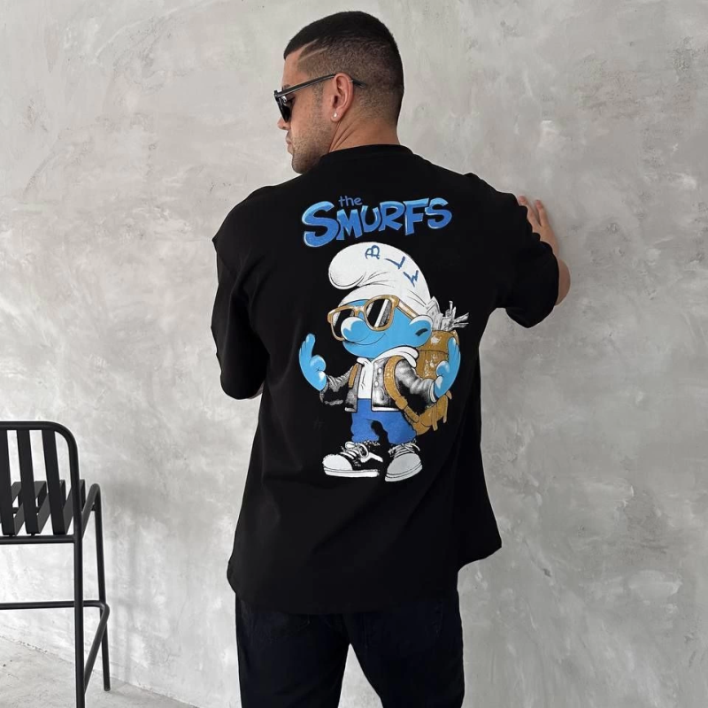 Ön ve Arka Baskılı Oversize Bisiklet Yaka T-shirt - Siyah -