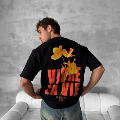 Ön ve Arka Baskılı Oversize Bisiklet Yaka T-shirt - Siyah -