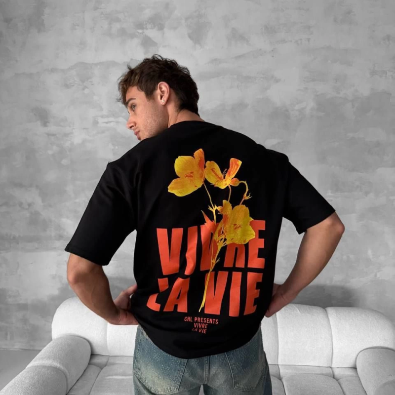 Ön ve Arka Baskılı Oversize Bisiklet Yaka T-shirt - Siyah -