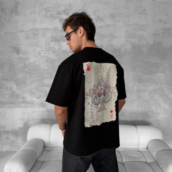 Ön ve Arka Baskılı Oversize Bisiklet Yaka T-shirt - Siyah -