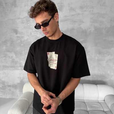 Ön ve Arka Baskılı Oversize Bisiklet Yaka T-shirt - Siyah -