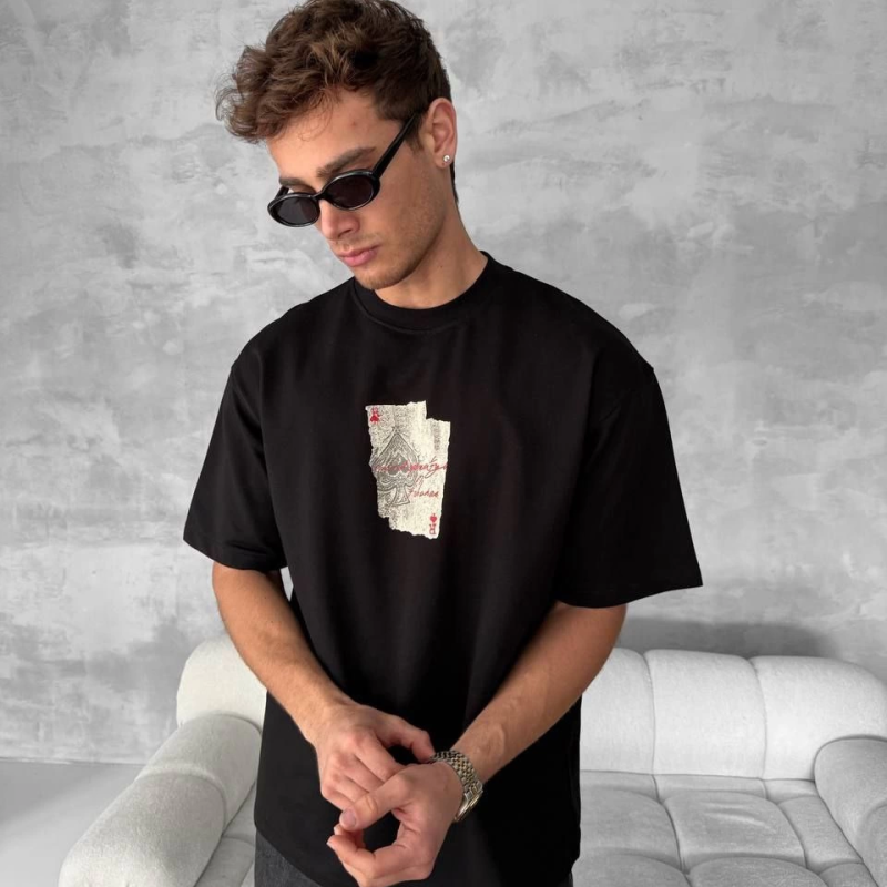 Ön ve Arka Baskılı Oversize Bisiklet Yaka T-shirt - Siyah -