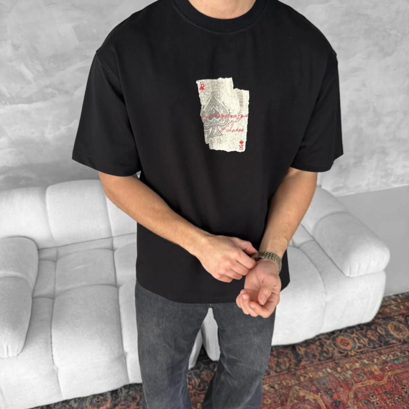 Ön ve Arka Baskılı Oversize Bisiklet Yaka T-shirt - Siyah -