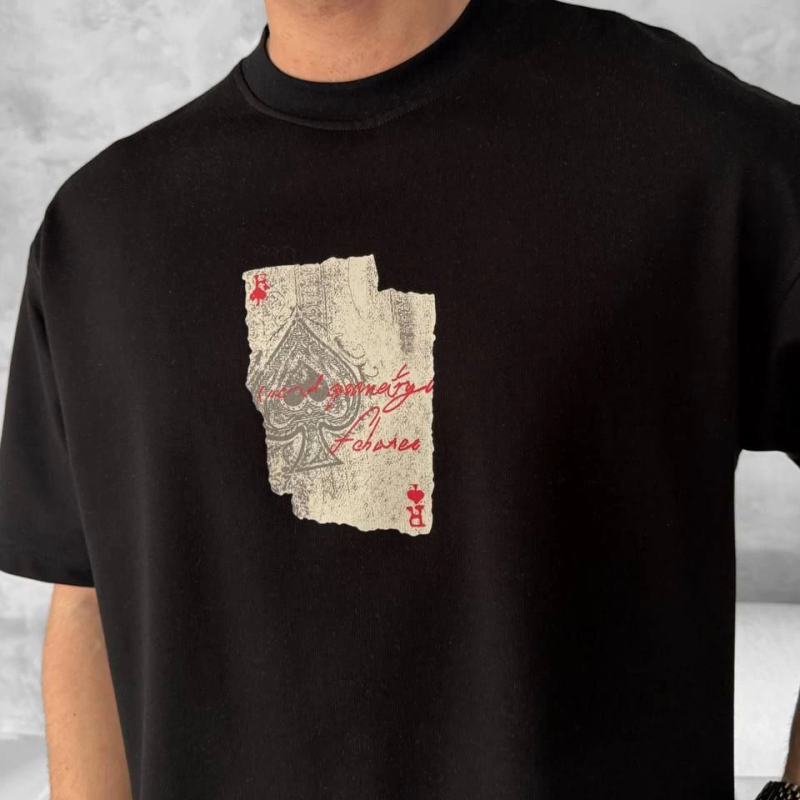 Ön ve Arka Baskılı Oversize Bisiklet Yaka T-shirt - Siyah -