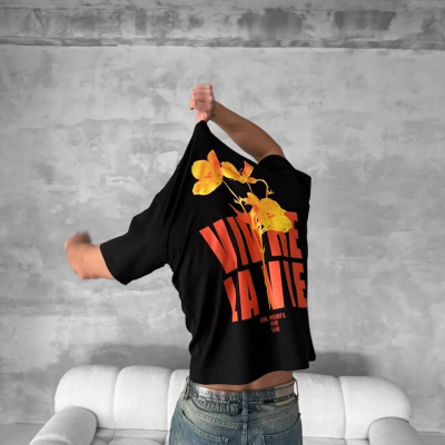 Ön ve Arka Baskılı Oversize Bisiklet Yaka T-shirt- Siyah -