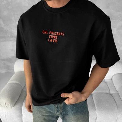 Ön ve Arka Baskılı Oversize Bisiklet Yaka T-shirt- Siyah -