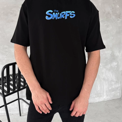 Ön ve Arka Baskılı Oversize Bisiklet Yaka T-shirt- Siyah -