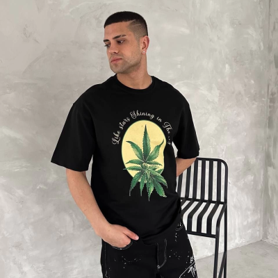 Ön ve Arka Baskılı Oversize Bisiklet Yaka T-shirt- Siyah -