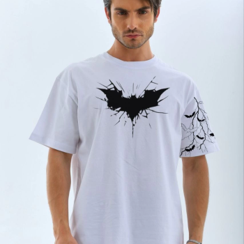 Ön ve Kol Baskılı Oversize T-shirt - Beyaz -