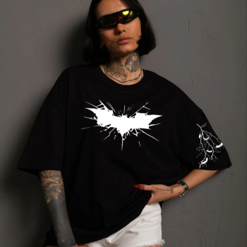 Ön ve Kol Baskılı Oversize T-shirt - Siyah -