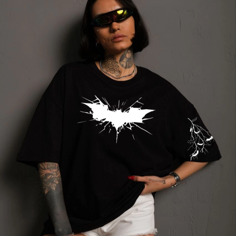 Ön ve Kol Baskılı Oversize T-shirt - Siyah -