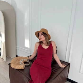 Örgülü Uzun Triko Elbise - Bordo -