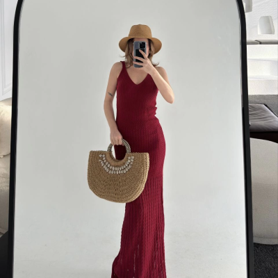 Örgülü Uzun Triko Elbise - Bordo -