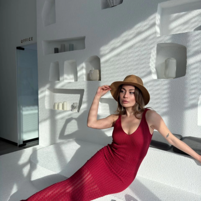 Örgülü Uzun Triko Elbise - Bordo -