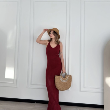 Örgülü Uzun Triko Elbise - Bordo -