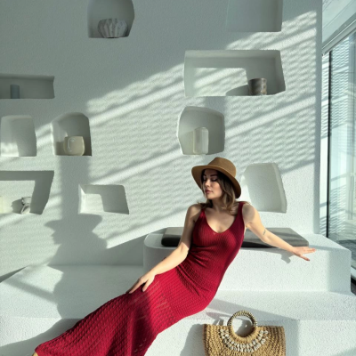 Örgülü Uzun Triko Elbise - Bordo -