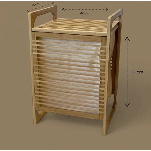 Orta Boy Ahşap Bambu Kirli Sepeti 40x35x60 