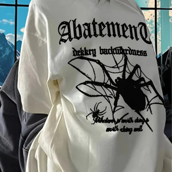 Örümcek Ağı Desenli Baskılı Oversize Bisiklet Yaka T-shirt  - Beyaz -