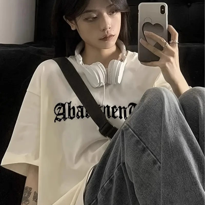 Örümcek Ağı Desenli Baskılı Oversize Bisiklet Yaka T-shirt  - Beyaz -