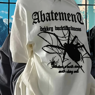 Örümcek Ağı Desenli Baskılı Oversize Bisiklet Yaka T-shirt  - Beyaz -