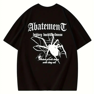 Örümcek Ağı Desenli Baskılı Oversize Bisiklet Yaka T-shirt - Siyah -